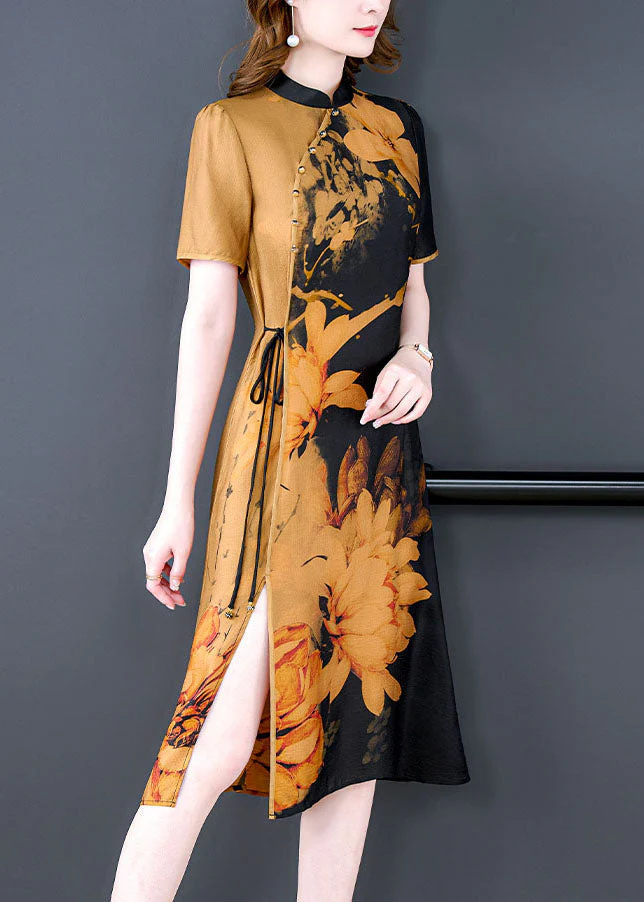 Retro Yellow Stand Collar Tie Dye Tie Waist Silk Cheongsam Dress Short Sleeve - Image 3