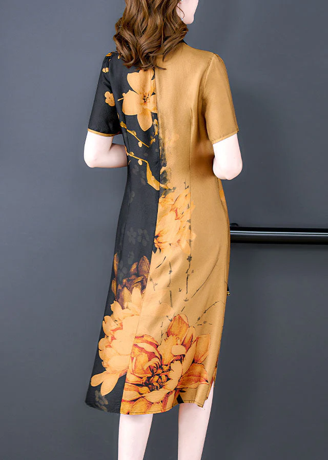 Retro Yellow Stand Collar Tie Dye Tie Waist Silk Cheongsam Dress Short Sleeve - Image 4