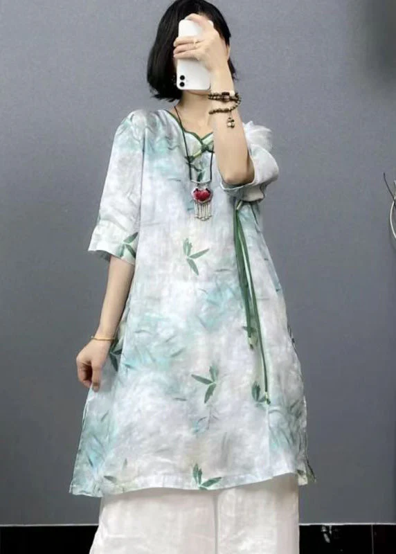 Retro Yellow V Neck Print Tasseled Linen Mid Dresses Summer - Image 5