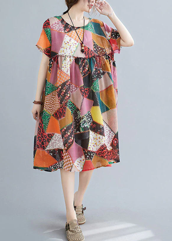 Rhombic Lattice Print Linen Maxi Dress Wrinkled Short Sleeve - Image 2