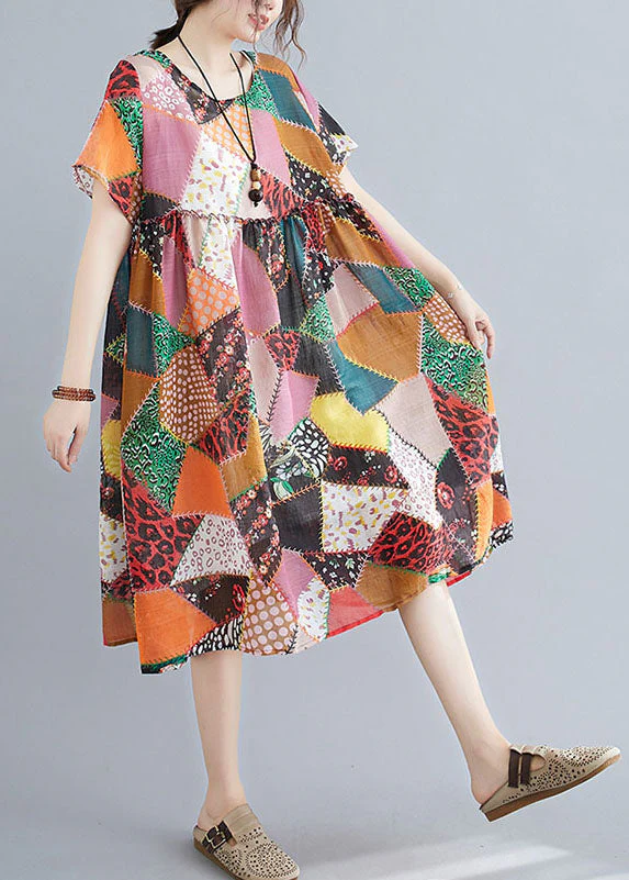 Rhombic Lattice Print Linen Maxi Dress Wrinkled Short Sleeve - Image 3