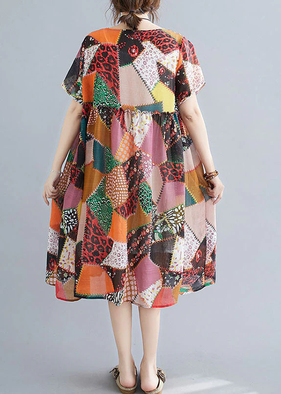 Rhombic Lattice Print Linen Maxi Dress Wrinkled Short Sleeve - Image 4
