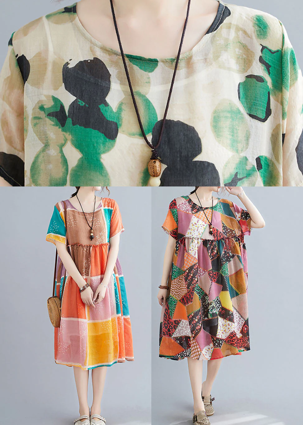 Rhombic Lattice Print Linen Maxi Dress Wrinkled Short Sleeve - Image 5