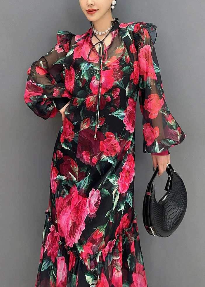 Romantic Rose Patterned Maxi Dress Featuring Long Sleeve - Image 2