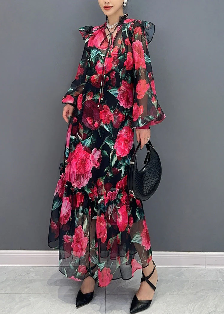 Romantic Rose Patterned Maxi Dress Featuring Long Sleeve - Image 3