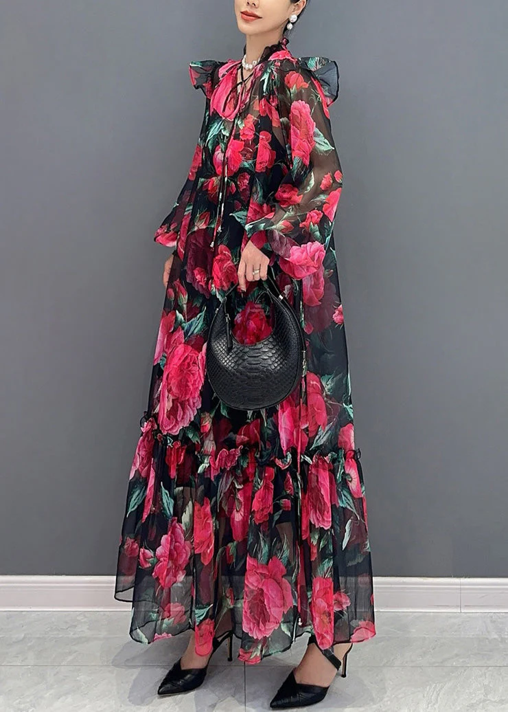 Romantic Rose Patterned Maxi Dress Featuring Long Sleeve - Image 4