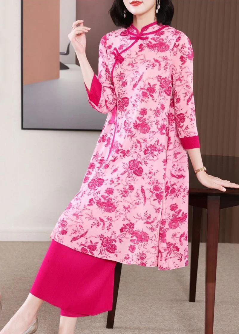 Rose Chinese Style Dress Two Piece Set Mandarin Collar Chinese Button Summer - Image 2