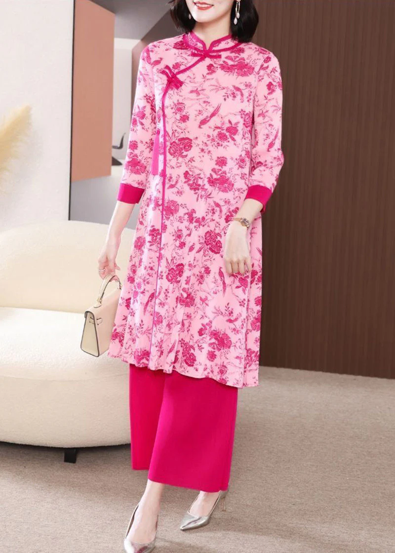 Rose Chinese Style Dress Two Piece Set Mandarin Collar Chinese Button Summer - Image 4