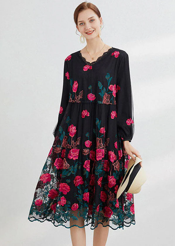 Rose Floral Tulle Maxi Dress O-Neck Embroideried Long Sleeve - Image 2