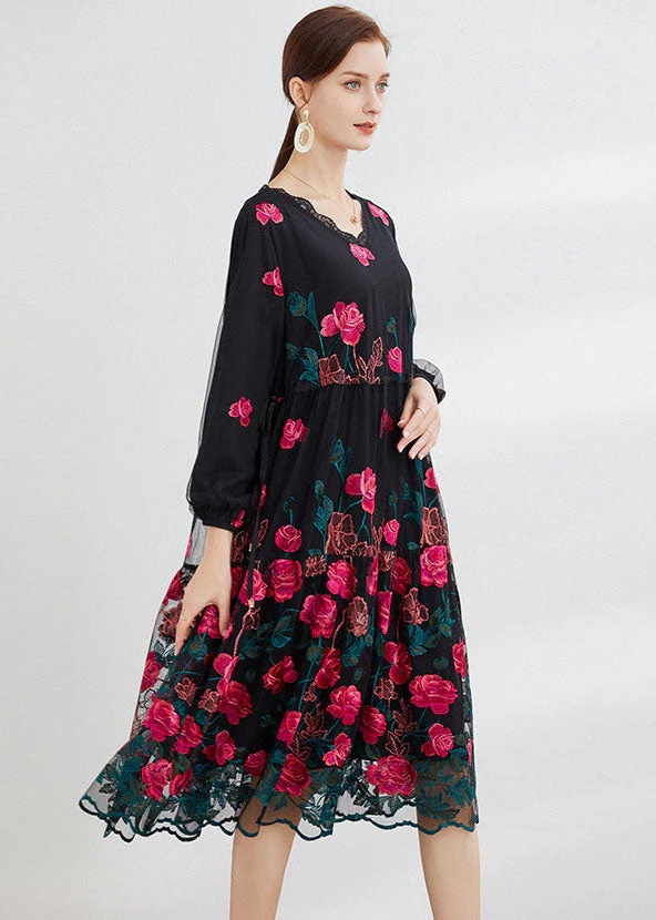 Rose Floral Tulle Maxi Dress O-Neck Embroideried Long Sleeve - Image 3