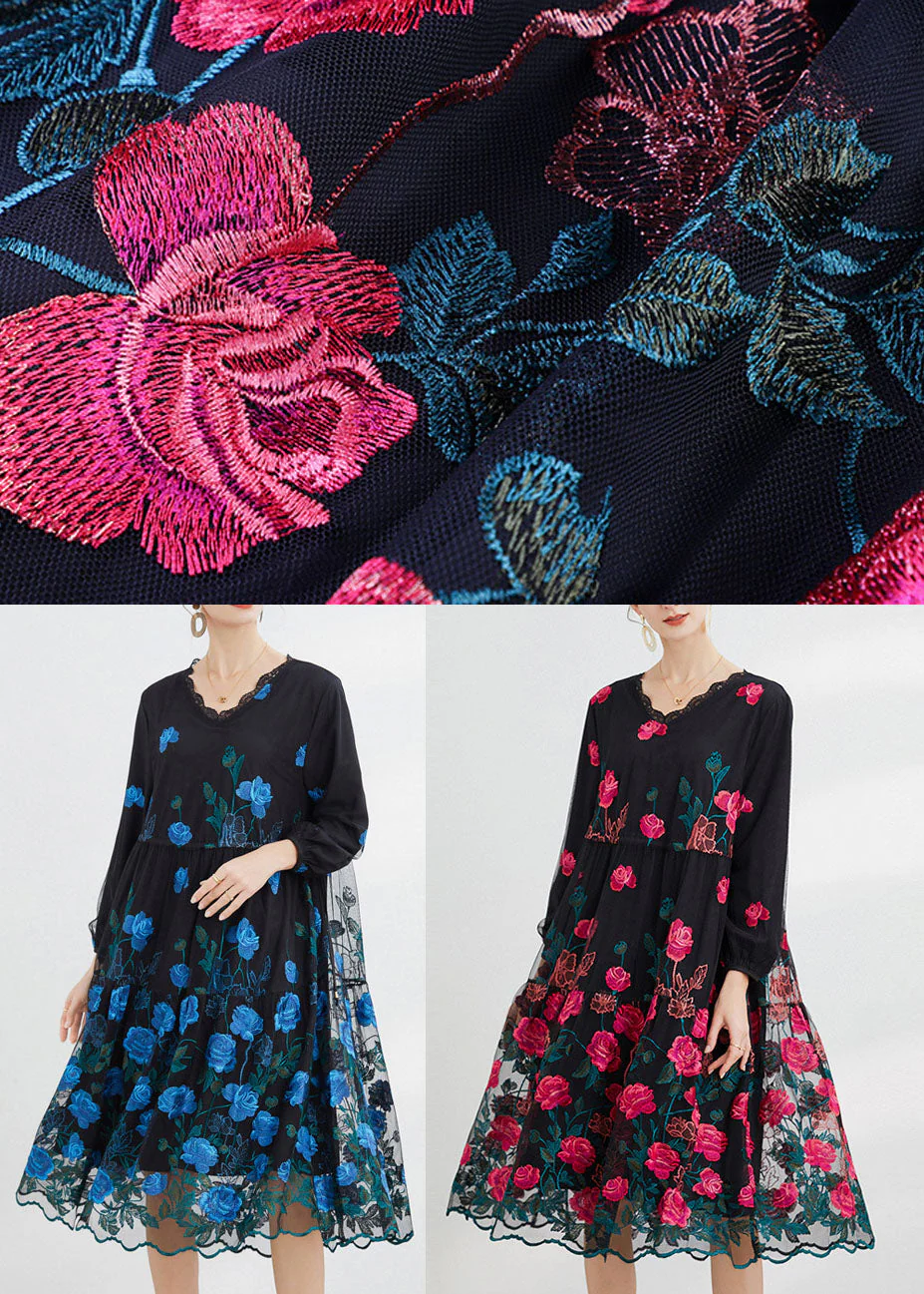 Rose Floral Tulle Maxi Dress O-Neck Embroideried Long Sleeve - Image 4
