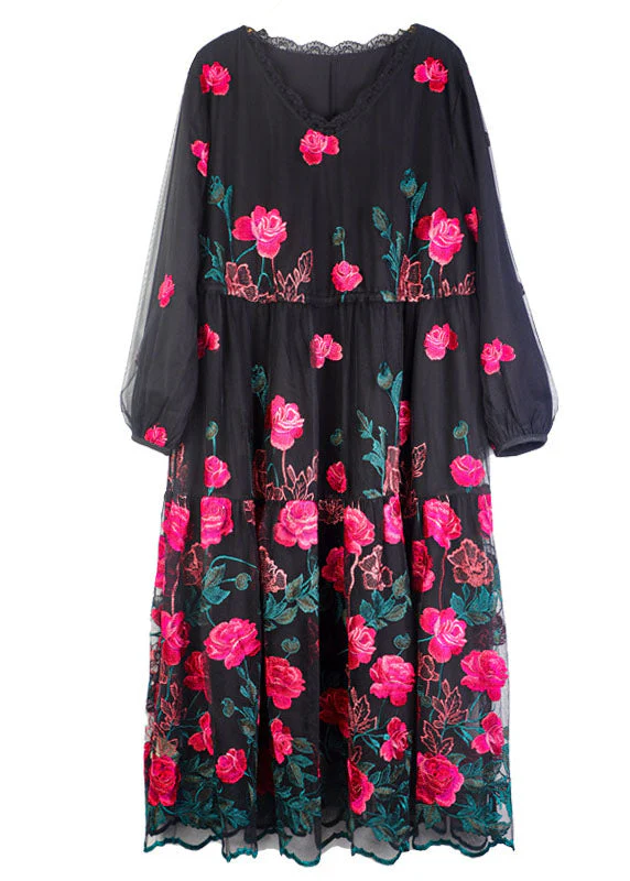 Rose Floral Tulle Maxi Dress O-Neck Embroideried Long Sleeve - Image 5