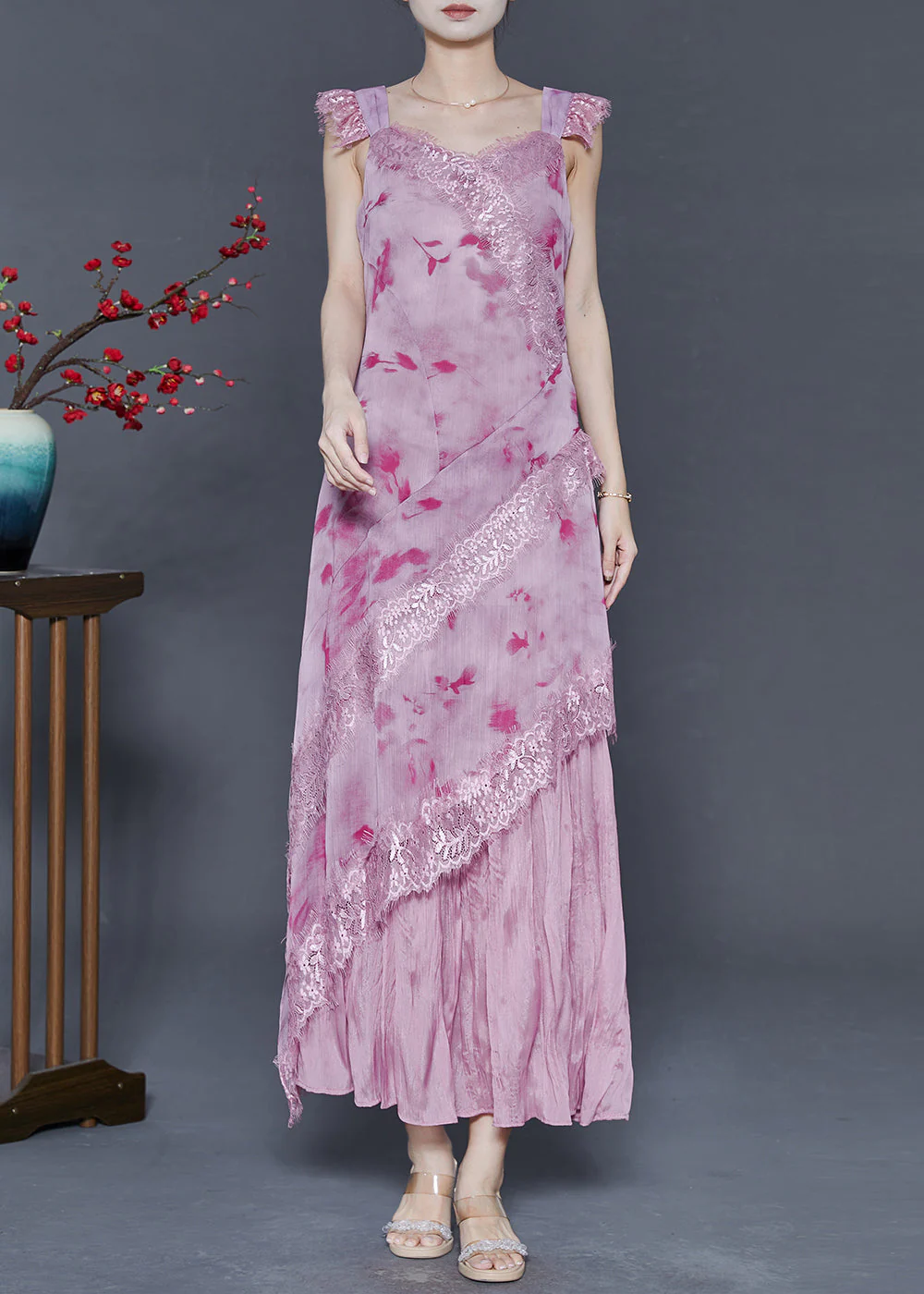 Rose Lace Patchwork Chiffon Long Dress Print Summer - Image 3