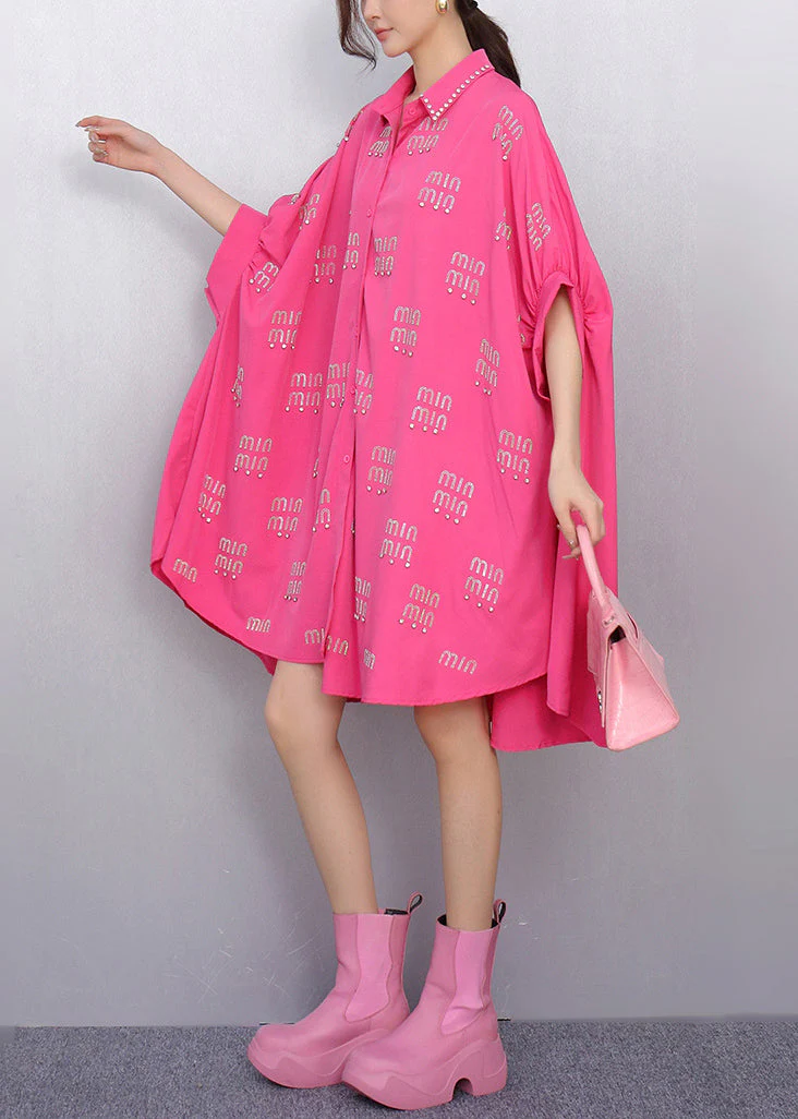 Rose Letter Zircon Shirt Dress Oversized Batwing Sleeve - Image 4