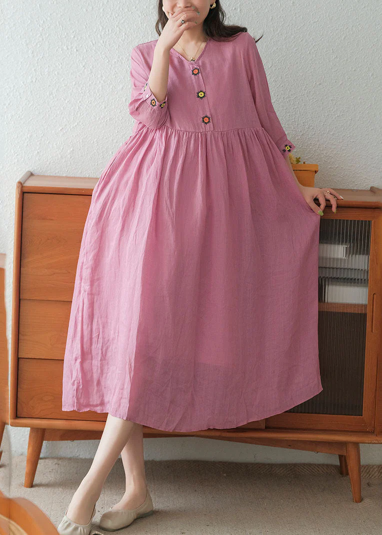 Rose Linen Long Dress And Spaghetti Strap Dress Two Pieces Set Embroideried Short Sleeve - Image 2
