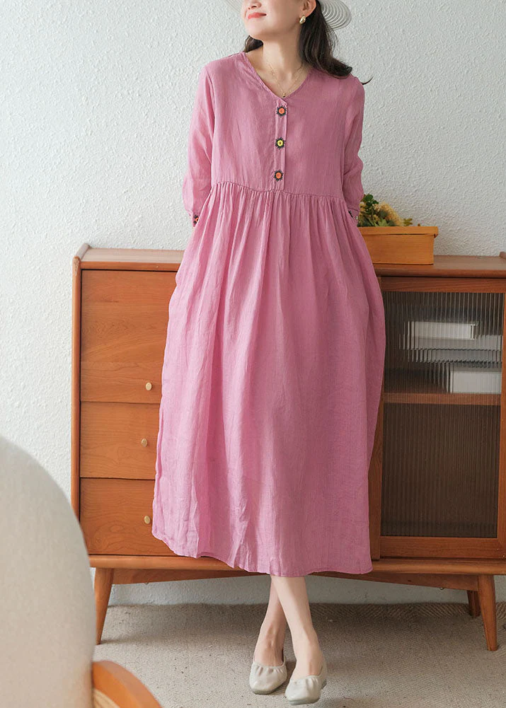 Rose Linen Long Dress And Spaghetti Strap Dress Two Pieces Set Embroideried Short Sleeve - Image 3