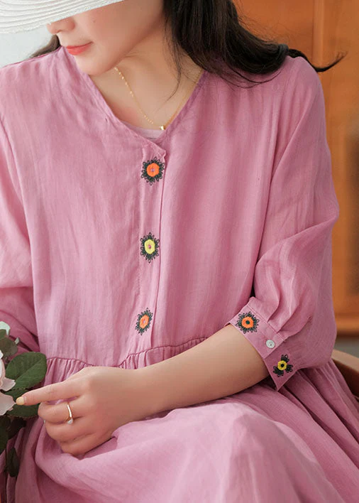 Rose Linen Long Dress And Spaghetti Strap Dress Two Pieces Set Embroideried Short Sleeve - Image 4