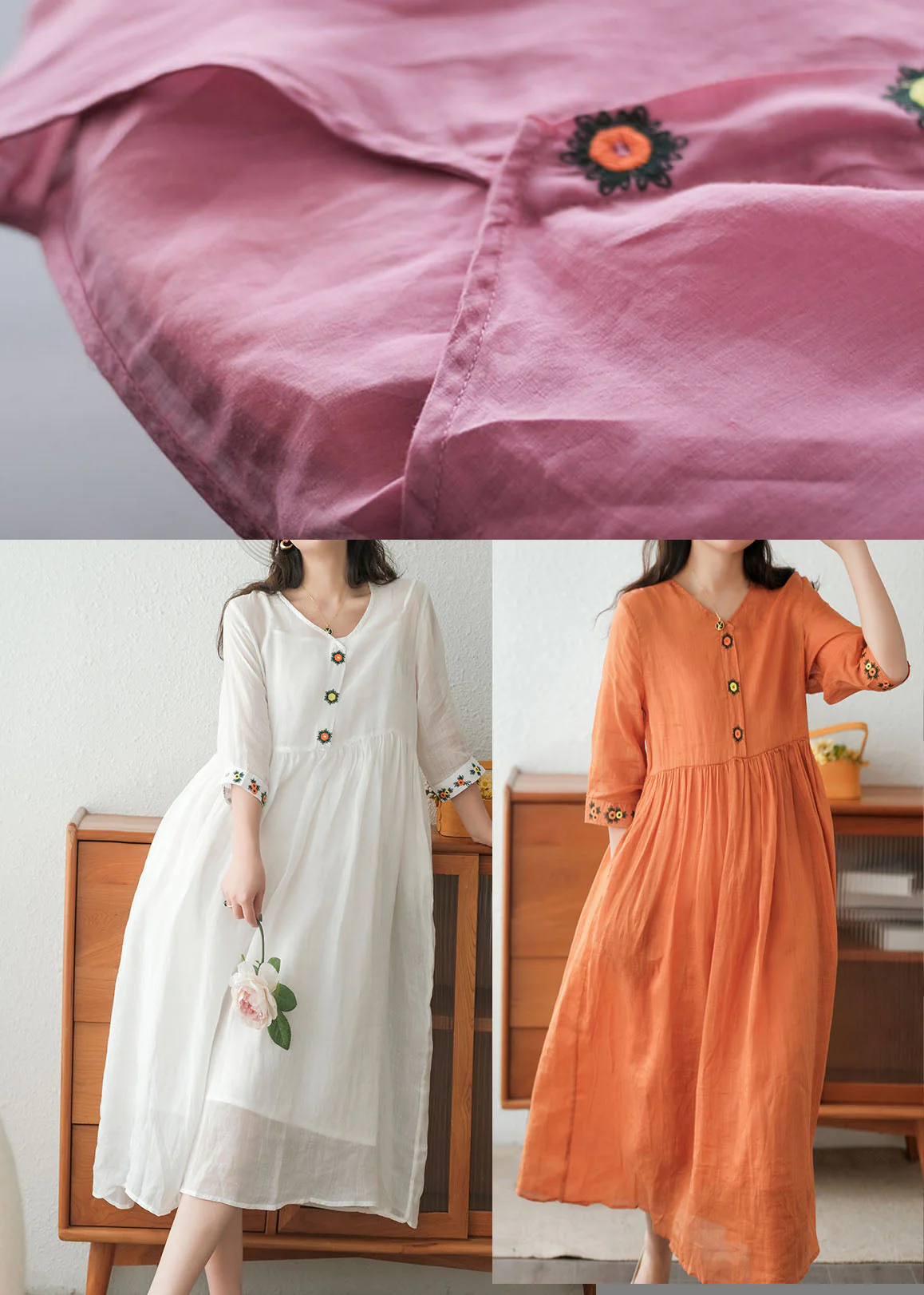 Rose Linen Long Dress And Spaghetti Strap Dress Two Pieces Set Embroideried Short Sleeve - Image 5