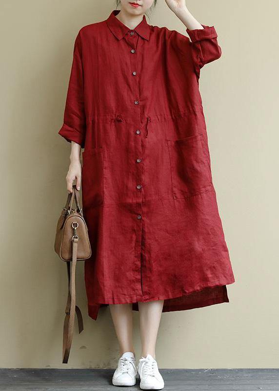 Rose Linen Shirt Dress Casual Oversize Spring Maxi Dresses - Image 3