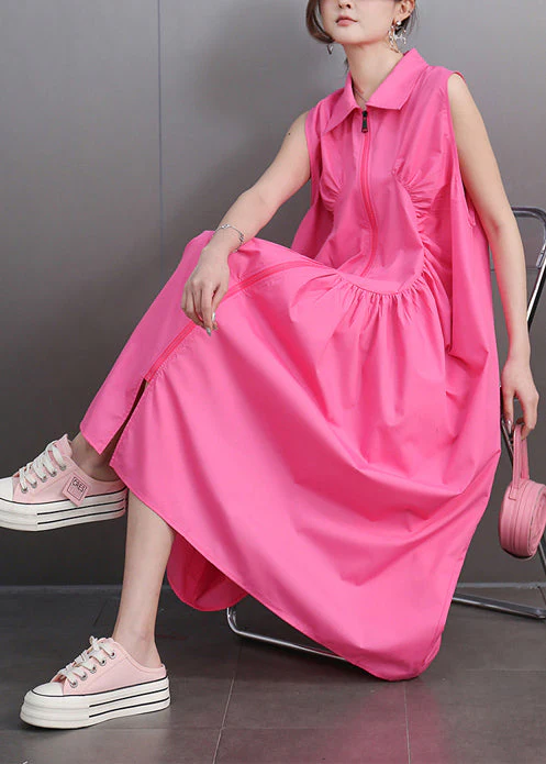 Rose Loose Cotton Party Dress Zip Up Wrinkled Sleeveless - Image 2