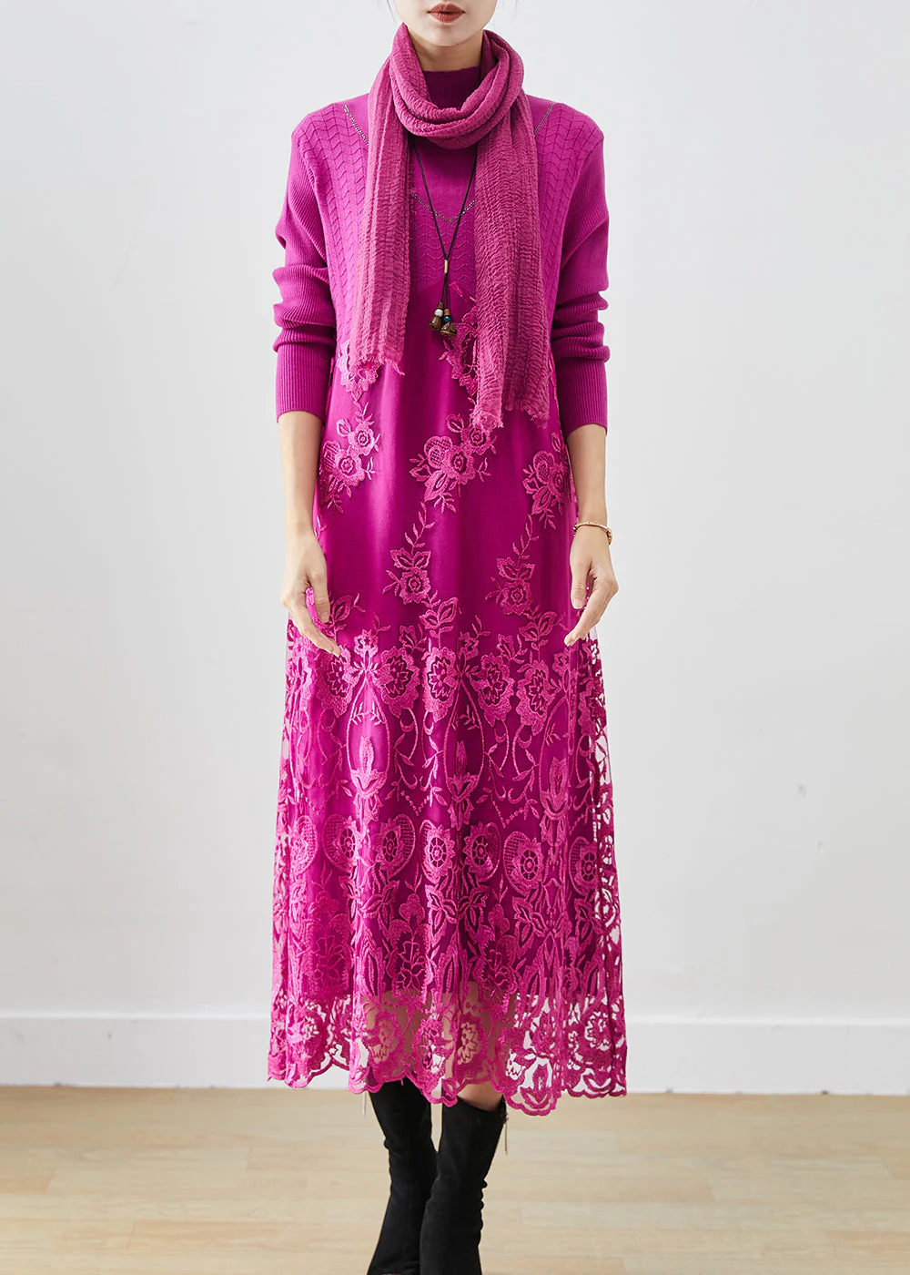 Rose Patchwork Knit Robe Dresses Embroidered Fall