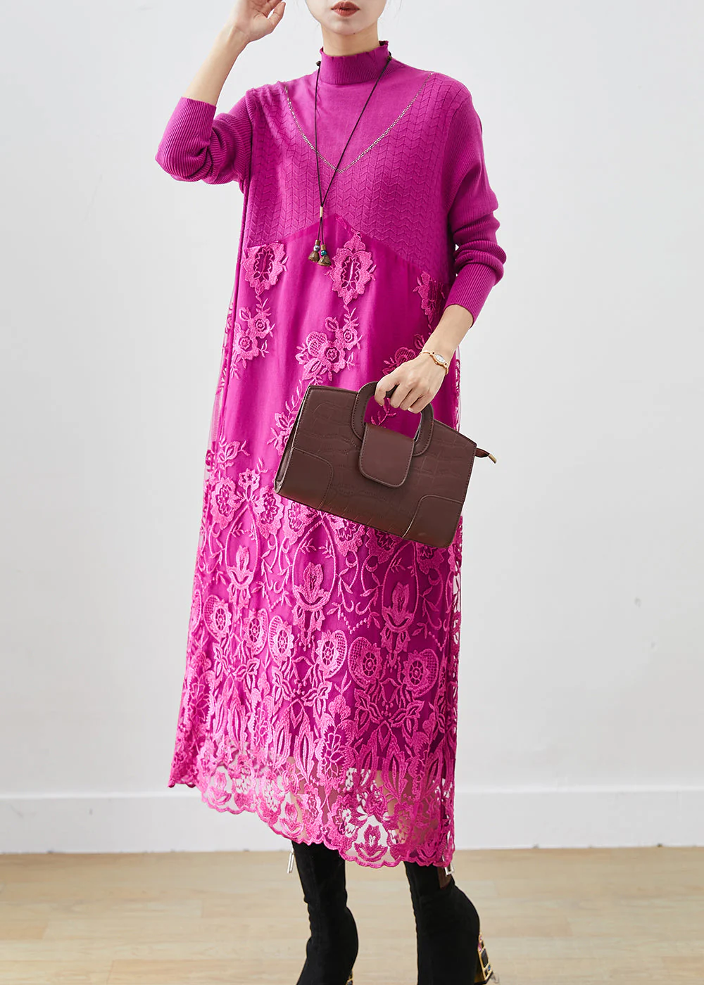Rose Patchwork Knit Robe Dresses Embroidered Fall - Image 2