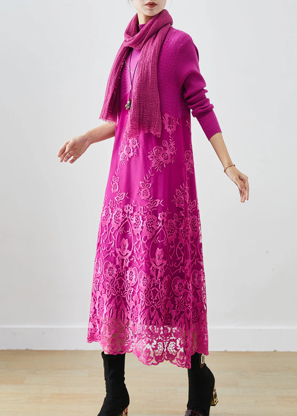 Rose Patchwork Knit Robe Dresses Embroidered Fall - Image 3