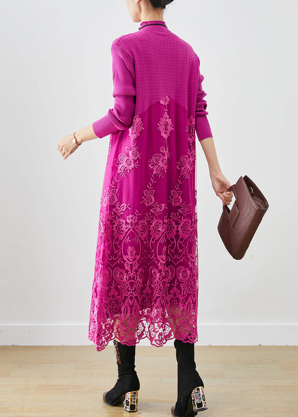 Rose Patchwork Knit Robe Dresses Embroidered Fall - Image 4