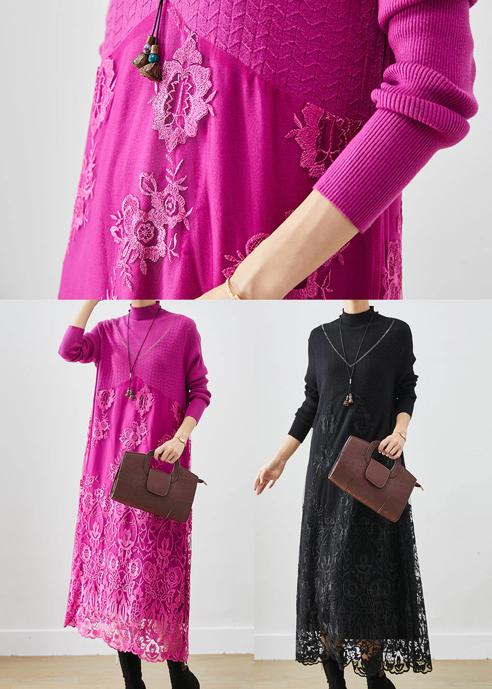 Rose Patchwork Knit Robe Dresses Embroidered Fall - Image 5