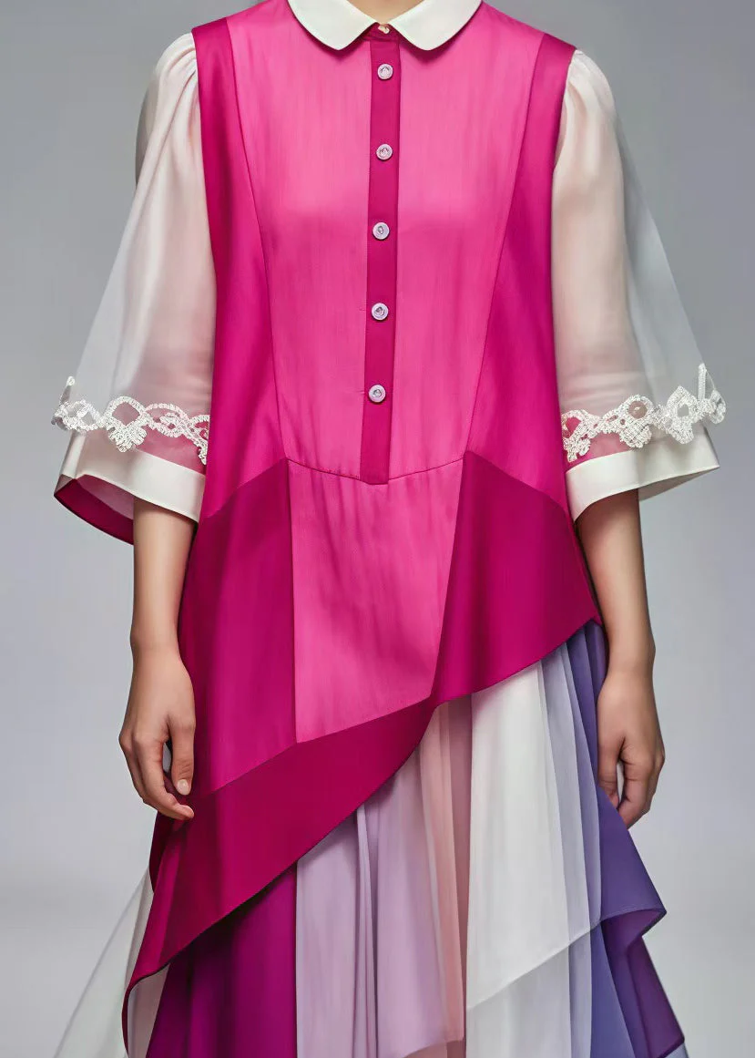 Rose Patchwork Silk Dresses Peter Pan Collar Summer - Image 4
