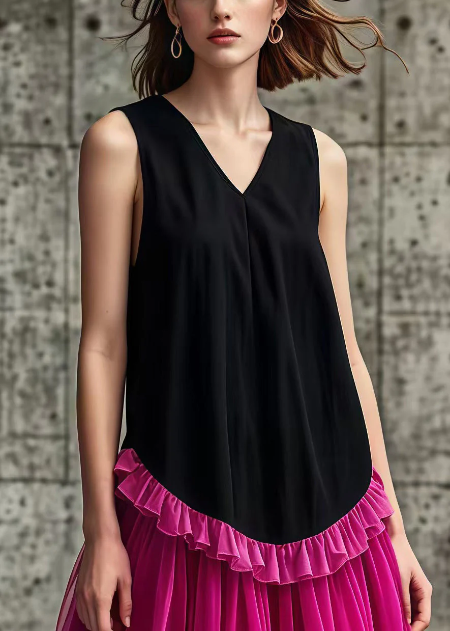 Rose Patchwork Tulle Cotton Long Dresses Ruffled Sleeveless - Image 2