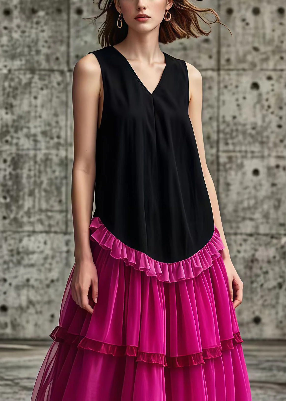Rose Patchwork Tulle Cotton Long Dresses Ruffled Sleeveless - Image 3