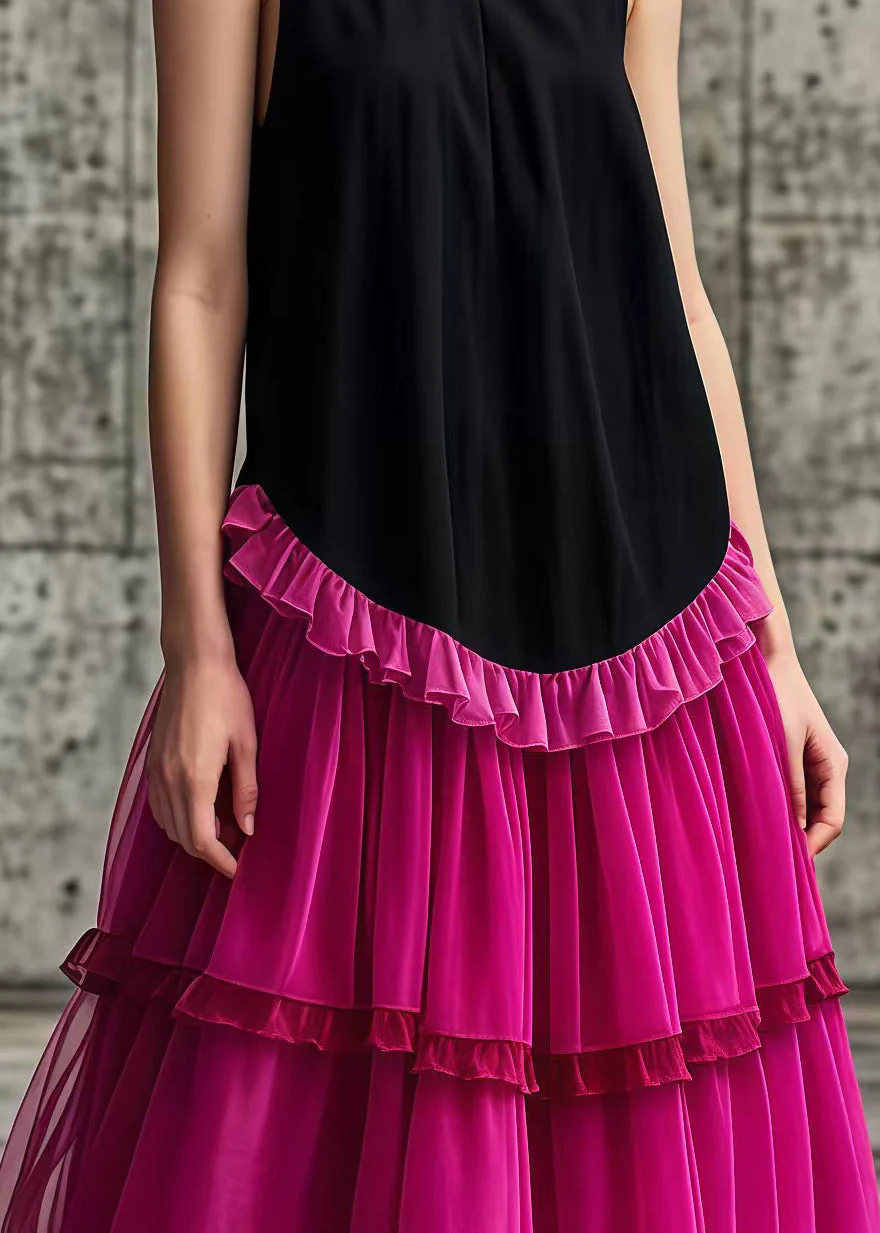 Rose Patchwork Tulle Cotton Long Dresses Ruffled Sleeveless - Image 4