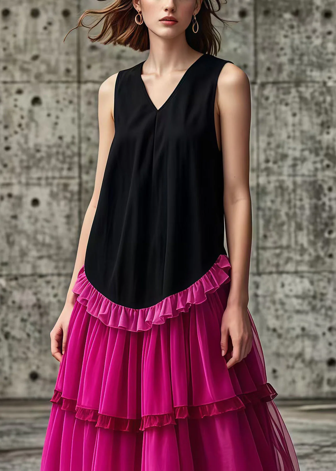 Rose Patchwork Tulle Cotton Long Dresses Ruffled Sleeveless - Image 5