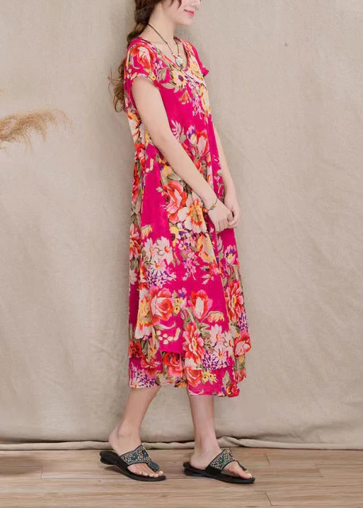 Rose Print Patchwork Cotton Dresses O Neck Short Sleeve - Image 3