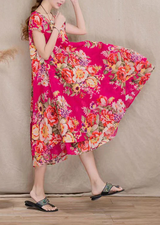 Rose Print Patchwork Cotton Dresses O Neck Short Sleeve - Image 4