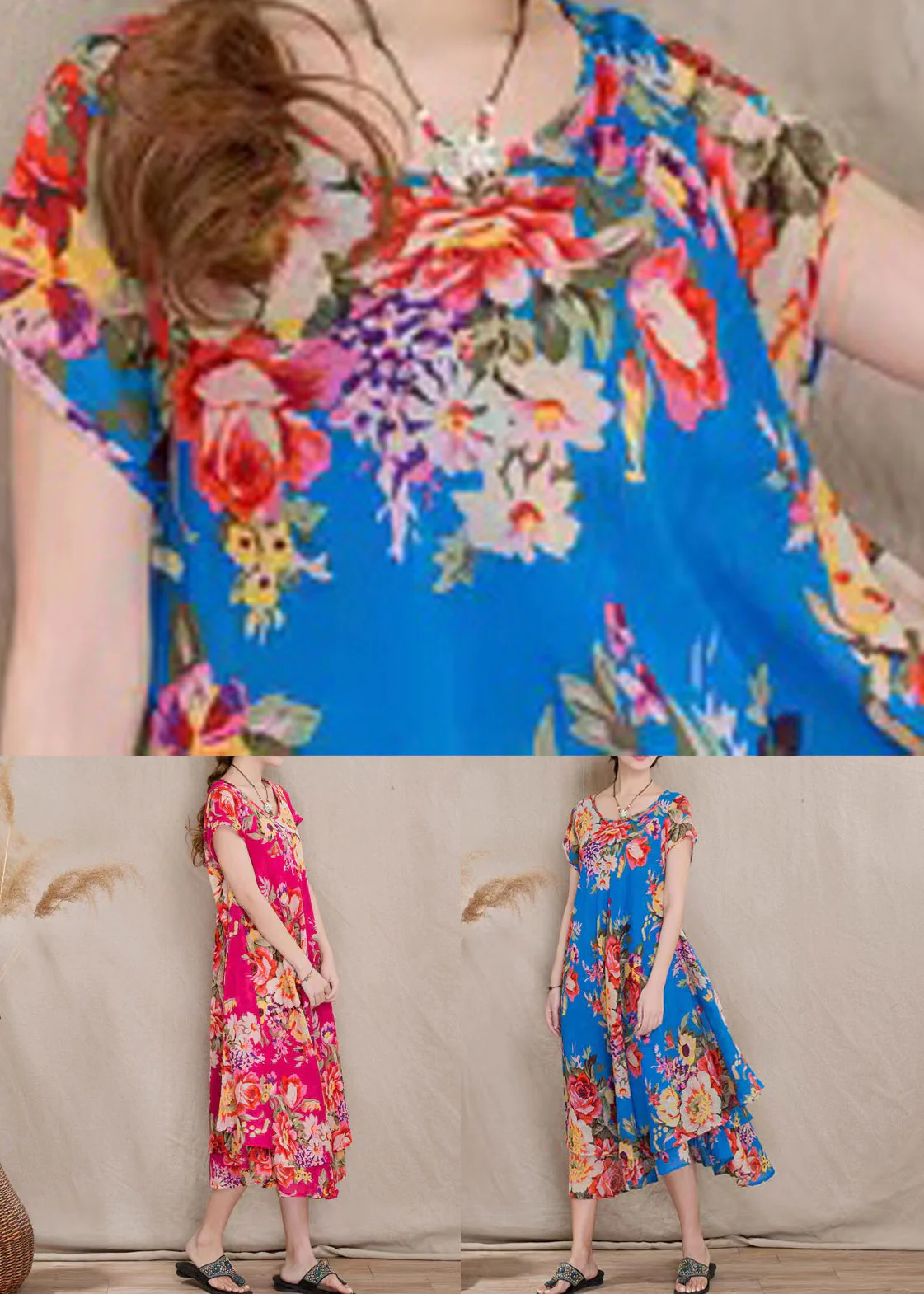 Rose Print Patchwork Cotton Dresses O Neck Short Sleeve - Image 5