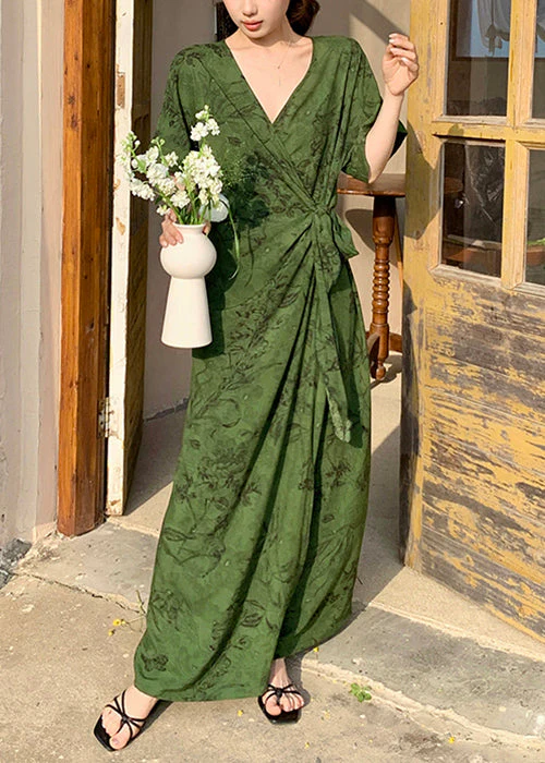 Rose Print Tie Waist Cotton Summer Long Dress V Neck - Image 2