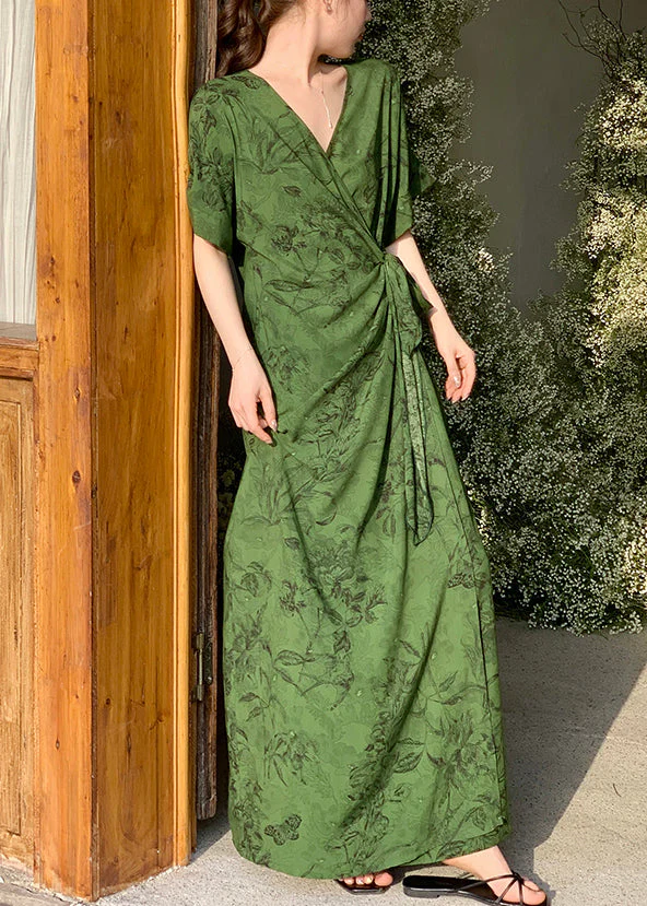 Rose Print Tie Waist Cotton Summer Long Dress V Neck - Image 3