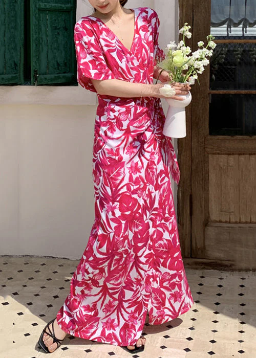 Rose Print Tie Waist Cotton Summer Long Dress V Neck - Image 4