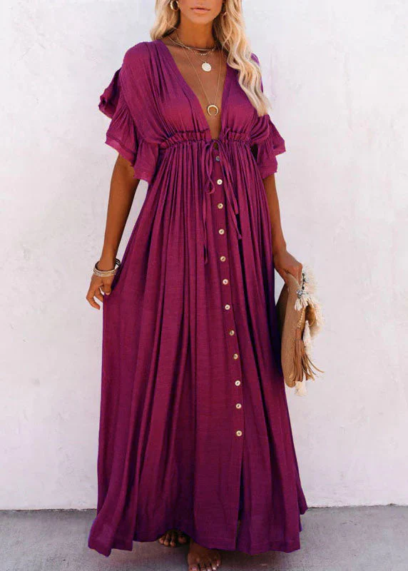 Rose red V Neck Button Maxi Dresses Short Sleeve - Image 11