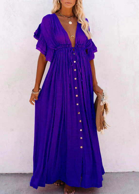 Rose red V Neck Button Maxi Dresses Short Sleeve - Image 2