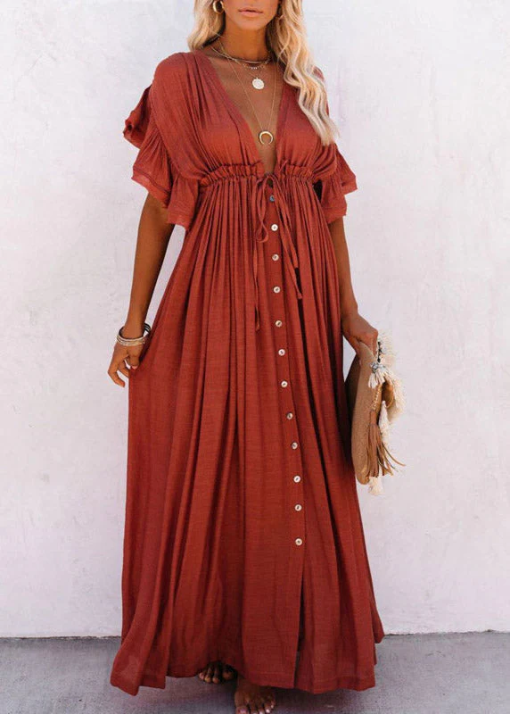Rose red V Neck Button Maxi Dresses Short Sleeve - Image 5