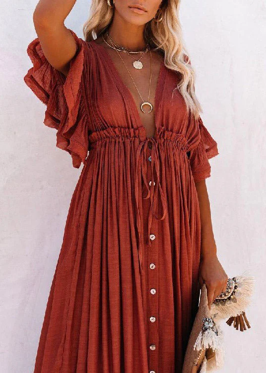Rose red V Neck Button Maxi Dresses Short Sleeve - Image 6