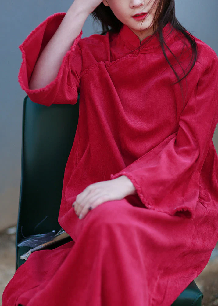 Rose Stand Collar Side Open Holiday Maxi Dress Spring - Image 2