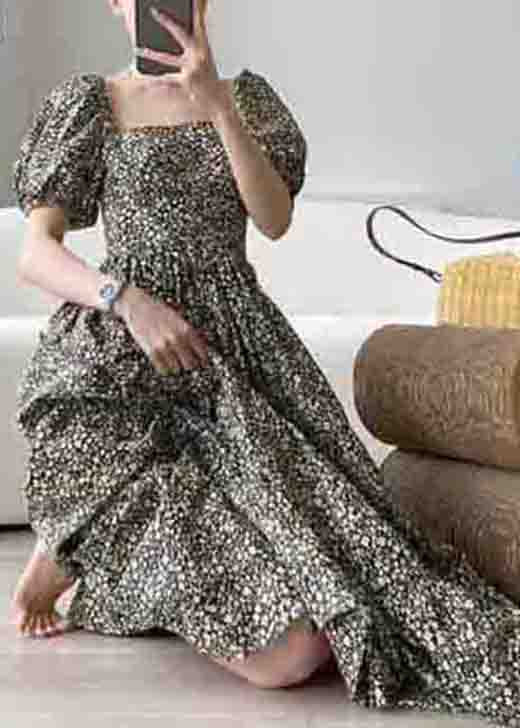 rt Print Square Collar Wrinkled Patchwork Cotton Long Dresses Puff Sleeve - Image 3