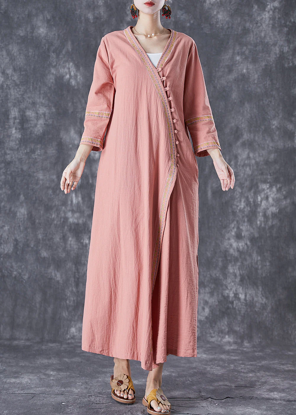 Rubber Red Linen Ankle Dress Embroideried Fall - Image 3