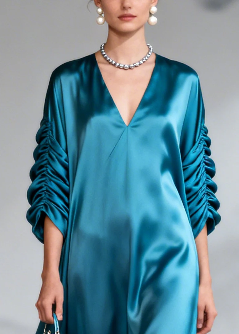 Sea Blue Draping Silk Dress Oversized Wrinkled Summer - Image 2