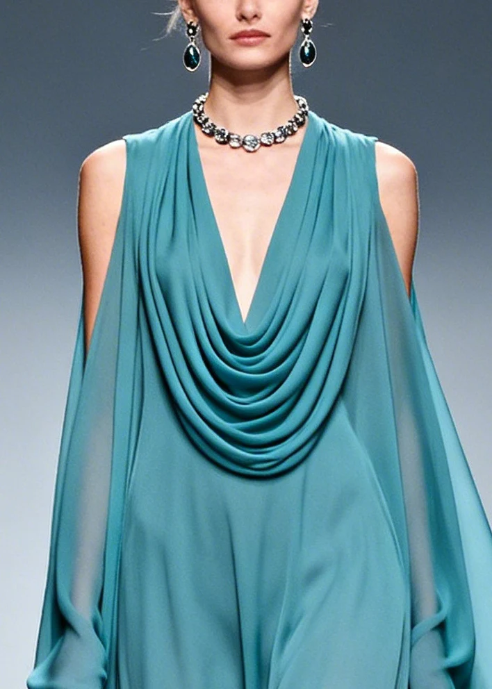 Sea Blue Patchwork Chiffon Maxi Dresses Cold Shoulder Flower Lace Summer - Image 2