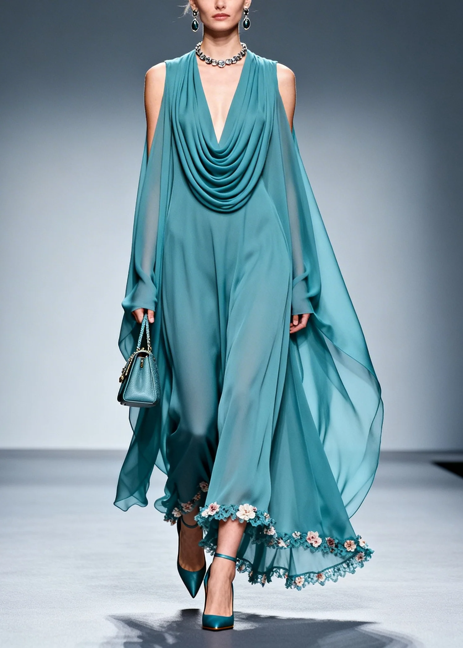 Sea Blue Patchwork Chiffon Maxi Dresses Cold Shoulder Flower Lace Summer - Image 5